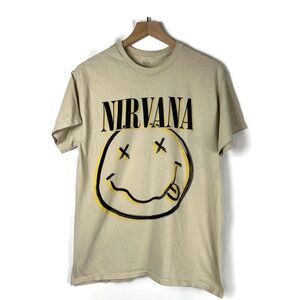 NIRVANA Band Grunge Smells Like Teen Spirit Smily Face T-Shirt Tan Size Medium